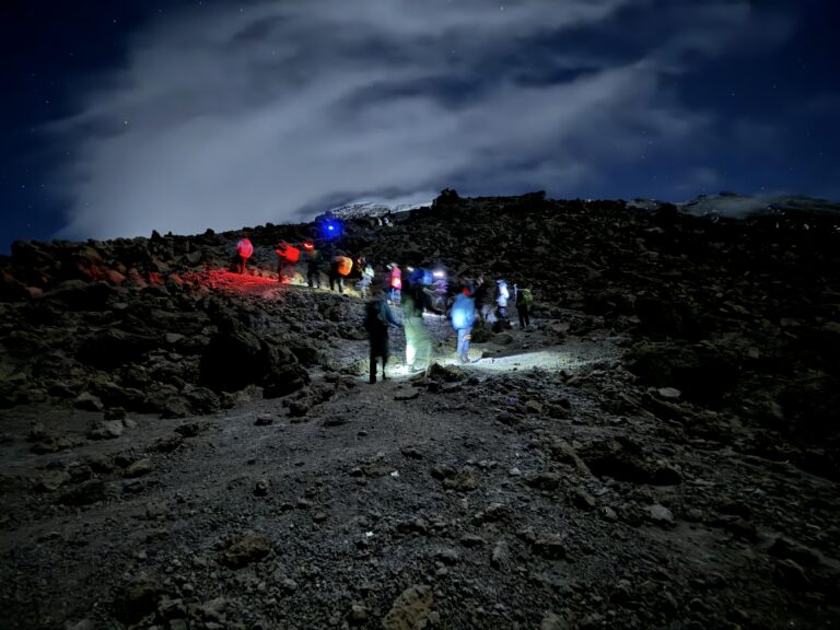 Lange Kette von Bergsteigern mit Stirnlampen zieht sich im Dunkeln den Kilimanjaro hinauf