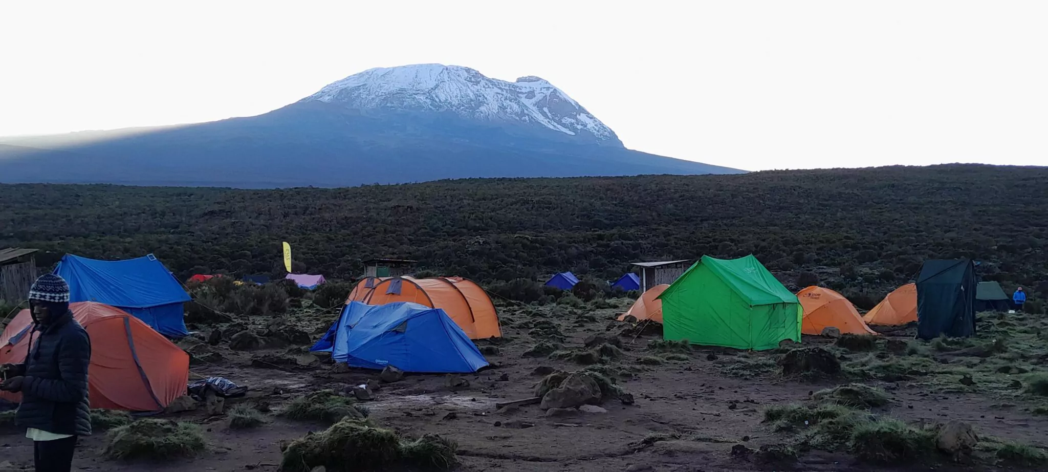 Kilimanjaro Camp mit Zelten und Blick auf den Kibo