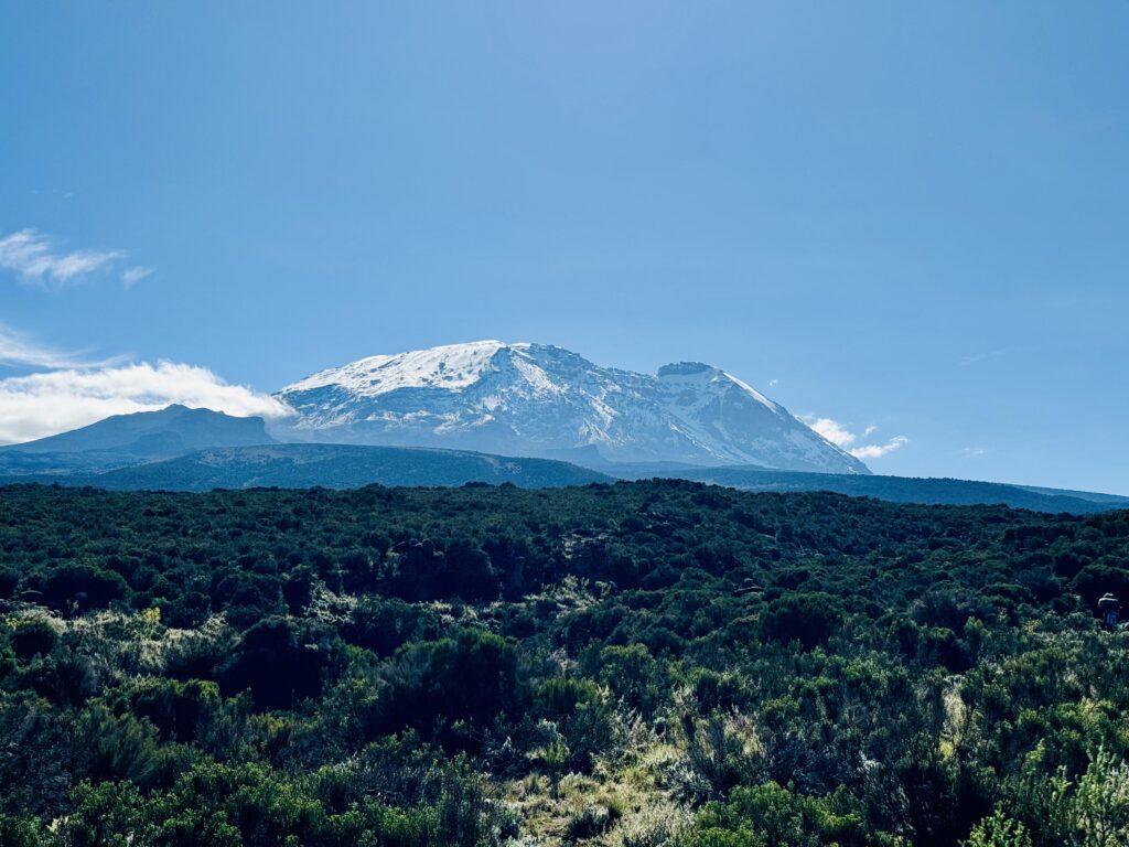 Panoramablick vom Shira-Plateau auf den Kilimanjaro mit weitläufiger Landschaft im Vordergrund