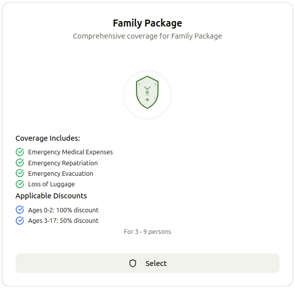 NIC-Familienpaket für 3–9 Personen mit Kinderermäßigungen und der Schaltfläche Select