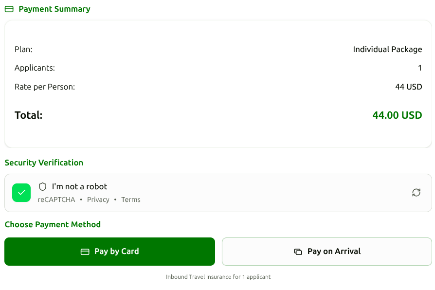 NIC-Zahlungsübersicht mit 44 USD für eine Person und den Optionen Pay by Card und Pay on Arrival