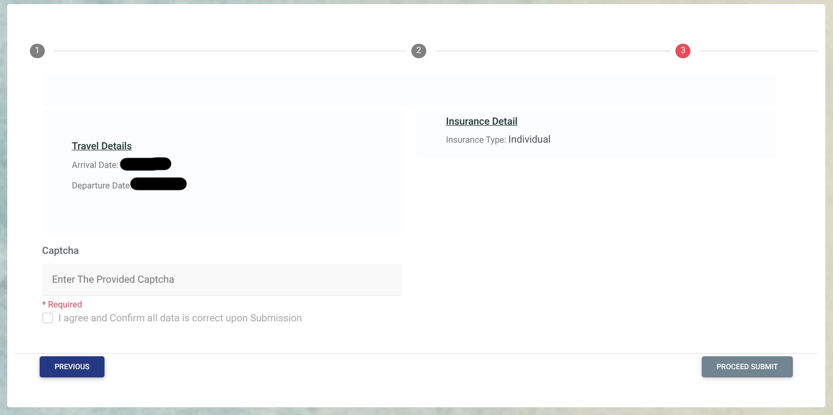 Zusammenfassung des ZIC-Antrags mit Reisedaten, Versicherungstyp, Captcha-Feld und Bestätigung der Angaben.