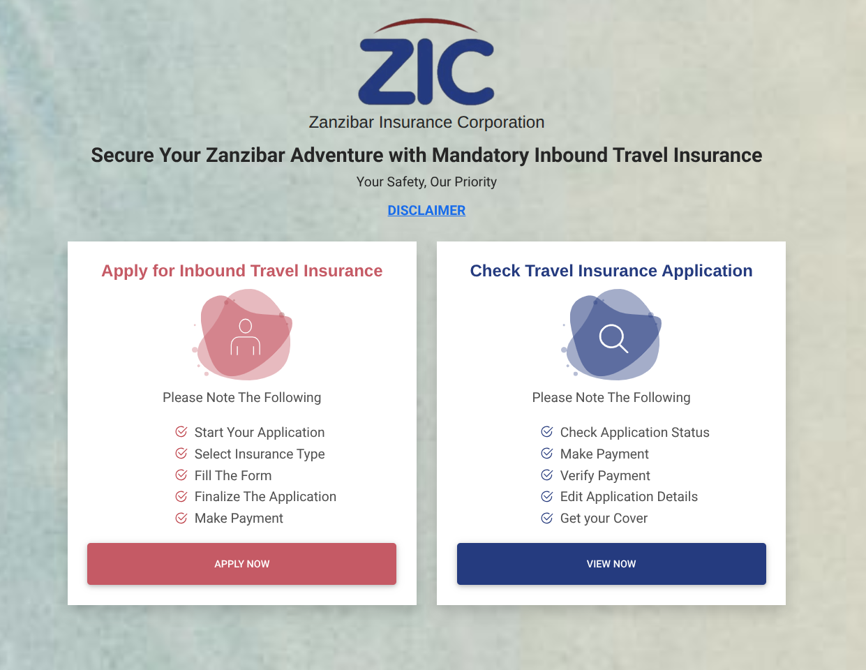 Startseite des ZIC-Portals mit Schaltflächen zum Beantragen der Sansibar-Pflichtversicherung und Prüfen des Antragsstatus.